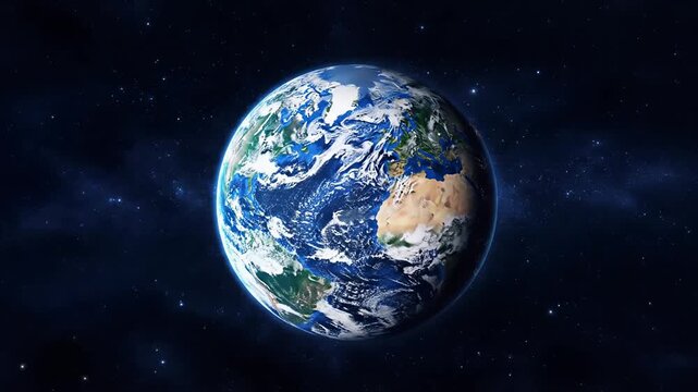 A realistic 3d animation of the planet Earth rotating in space. Slow zoom out revealing the globe against a starfield. Global science and technology concept