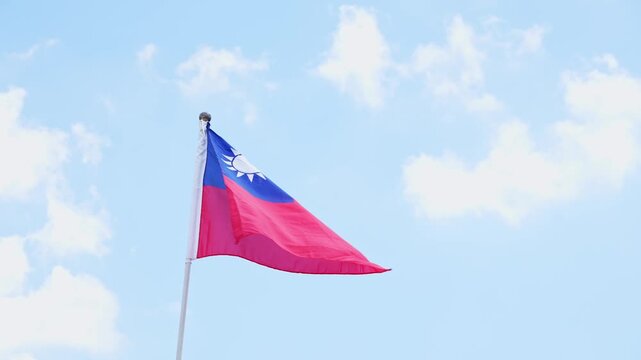 Taiwan's blue sky, white sun, and red flag fluttering under the blue sky