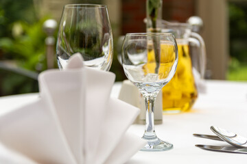 Elegant Table Setting With Wine Glasses And Napkin For Wedding Reception Catering