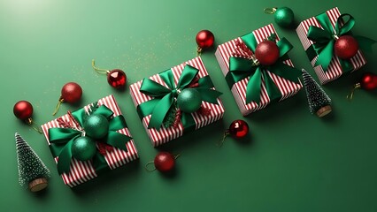 Festive Christmas Gifts and Ornaments on a Green Background