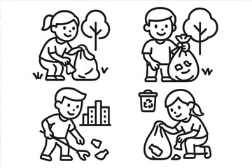 Children and adults cleaning up litter in parks and urban areas for environmental protection