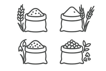 Various sacks filled with grain, flour, and seeds representing agricultural harvest and food production