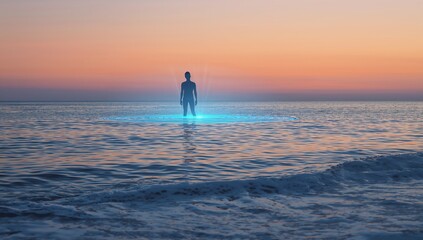 Standing solitary silhouette watching cyan-blue ring glowing on ocean at sunset, creating ripples