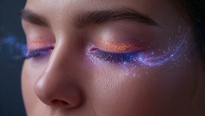 Showing female face right eye with metallic orange eyelid, violet lashes, glitter trail in studio