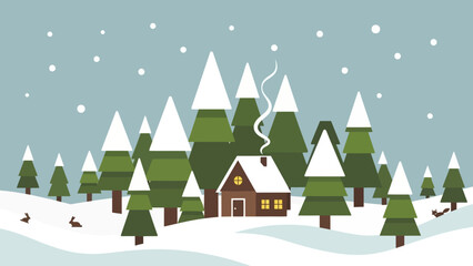 Naklejka premium Cozy Cabin in a Snowy Winter Forest Landscape.