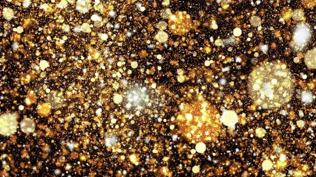 Shimmering golden particles sparkle and swirl against a dark background, creating a festive, luxurious abstract effect. Ideal for celebration themes, holiday visuals, glamorous intros, and elegant bac
