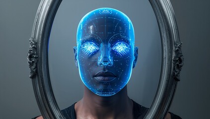 Standing woman showing blue holo face overlay, studio, ornate mirror frame, gray backdrop, tank top
