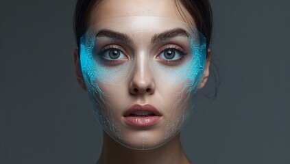 Displaying adult female face centered in studio portrait, projecting cyan-blue biometric HUD