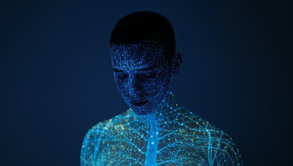 Projecting man bowing head in studio, with bare torso, blue network and yellow nodes
