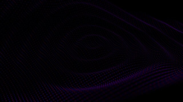 Digital wave dot particles animation with flowing purple data lines. Dynamic virtual wireframe texture with abstract cyber connection.