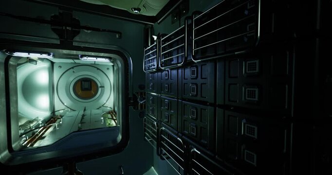 Inside a space module, various storage compartments line the walls, and a circular viewing portal offers a glimpse of the surrounding environment, illuminated by artificial lights.