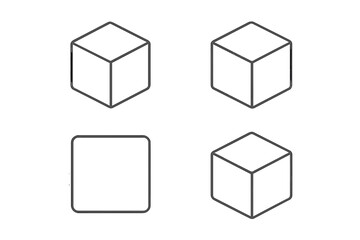 Collection of four simple geometric shape icons featuring isometric cubes and a square outline graphic