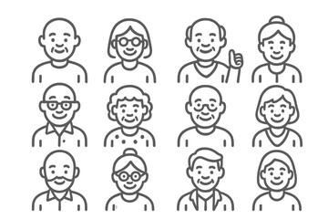 Diverse group of happy elderly men and women faces, senior population avatars