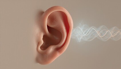 Showing human ear receiving blue-white sound waves against smooth beige backdrop, soft shadow