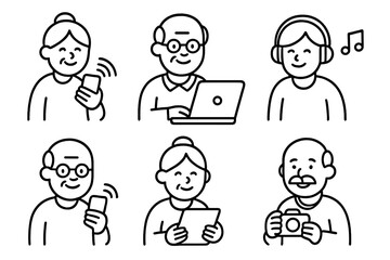 Set of elderly men and women interacting with smartphones, laptops, tablets, and cameras