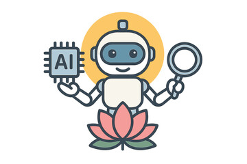 Friendly robot holding a processor chip and magnifying glass while standing on a lotus flower