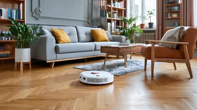 Automated Home Cleaning: A robotic vacuum effortlessly cleans a modern living room, showcasing the convenience of smart home technology and automated living.