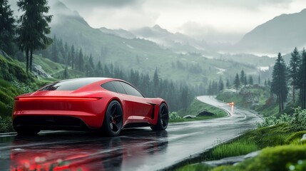 Naklejka premium Modern red electric sports car driving through misty mountain road after rain, innovation, eco mobility, performance, adventure, harmony between advanced technology and breathtaking natural landscape.