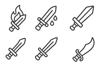 Set of fantasy swords featuring flaming, bloody, and curved blades for medieval themes