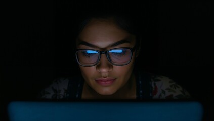 Staring woman wearing eyeglasses and floral top viewing laptop screen at home, blue reflection