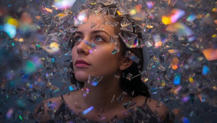 Gazing single adult woman holding calm pose in studio, with holographic shards and thin straps