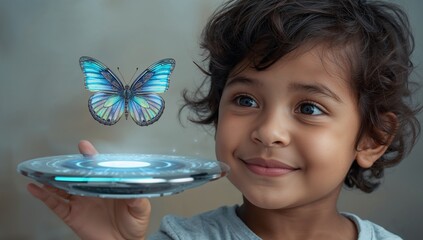Holding circular platform, boy in gray shirt watching blue-green holographic butterfly in studio