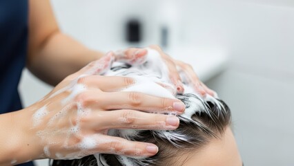 Naklejka premium Caucasian adult shampooing hair with bubbles in bathroom