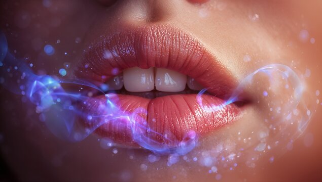Showing woman's mouth in studio closeup, revealing glossy pink lips and front teeth with blue smoke