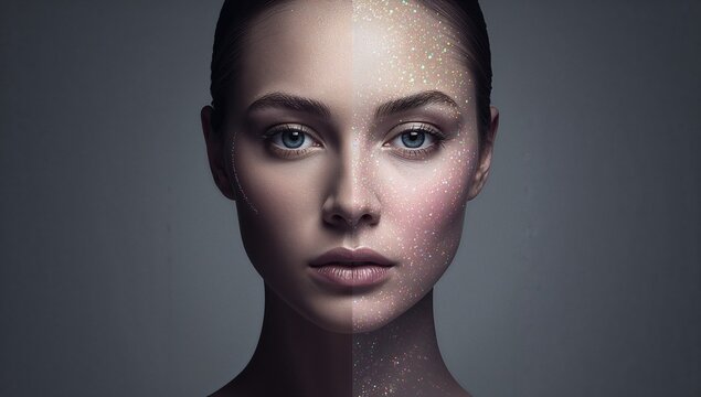 Presenting female model facing forward in studio, displaying glitter makeup and bare shoulders - Powered by Adobe