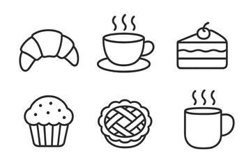 Minimalist outline drawings featuring breakfast pastries, sweet desserts, and hot beverages