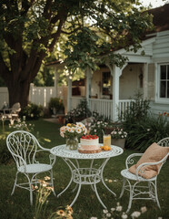 table and chairs in garden, dinner lunch in the patio outside 