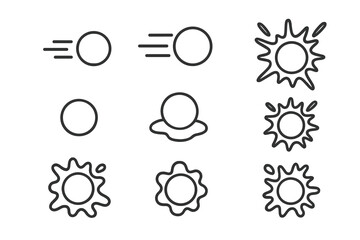 Outline symbols depicting motion, impact, explosion, and melting effects on a circular shape