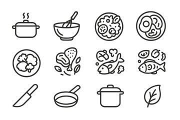 Cooking and culinary items set including pots, pans, fish, meat, and vegetables