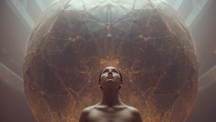 Gazing bare-shouldered woman lifting chin in gallery, viewing glowing orb, skylight, earrings