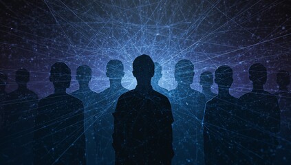 Standing central silhouette facing camera in digital backdrop, bright light radiating network lines