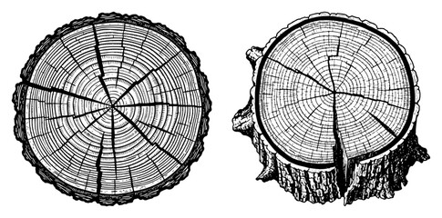 Tree Trunk Cross Section Growth Rings Detailed Hand Drawn Wood Slice Vector Illustration © Katarzyna