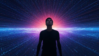 Standing adult male silhouette in virtual field at center with radial burst and glowing band