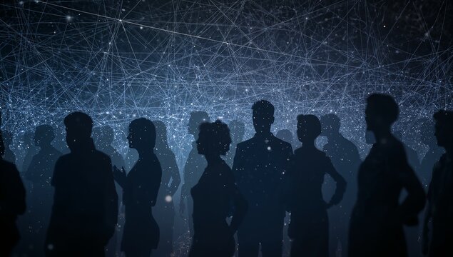 Standing silhouetted adults watching luminous network projection at gallery, with glowing nodes - Powered by Adobe