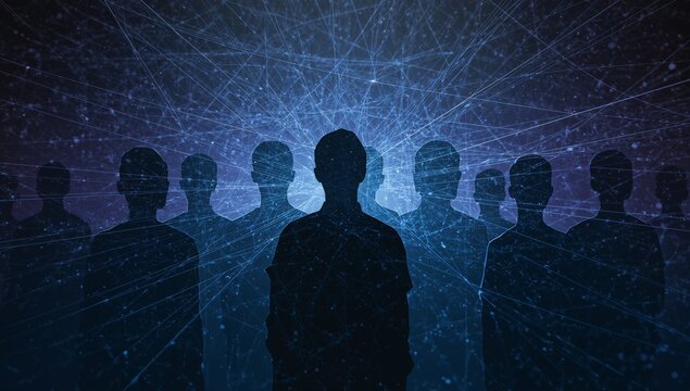 Standing central silhouette facing camera in digital backdrop, bright light radiating network lines - Powered by Adobe