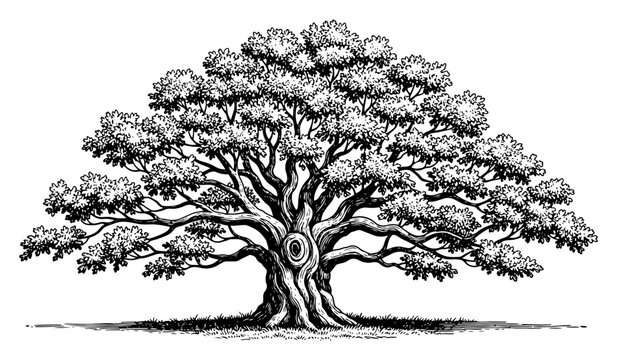Majestic old oak tree vector illustration featuring spreading branches and thick trunk in vintage woodcut or engraving style suitable for landscape design