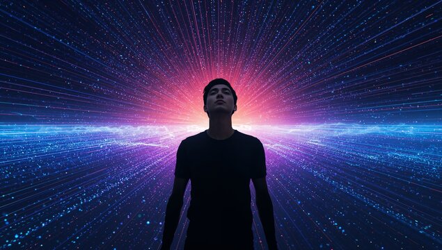 Standing adult male silhouette in virtual field at center with radial burst and glowing band - Powered by Adobe