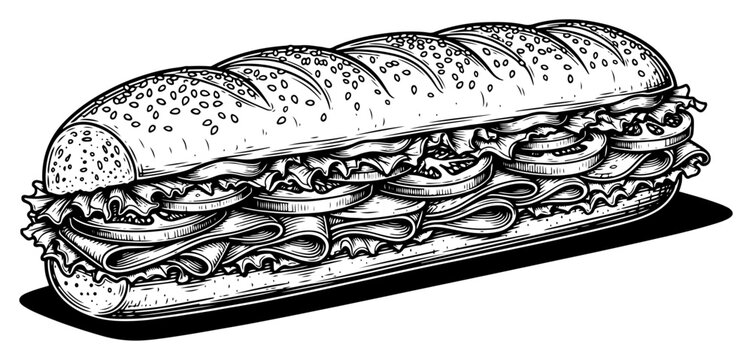 Long submarine sandwich vector illustration loaded with meat cheese lettuce and tomatoes on a sesame bun in retro vintage woodcut style
