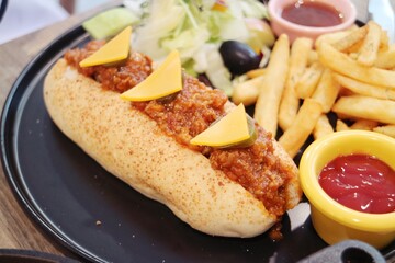 Chili Dog with French Fries and Salad
