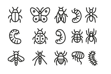 Fototapeta premium Minimalist outline symbols of various insects, bugs, and common arthropods