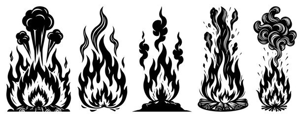 Set of vintage woodcut style fire and campfire illustrations with smoke swirls black and white vector collection © Katarzyna