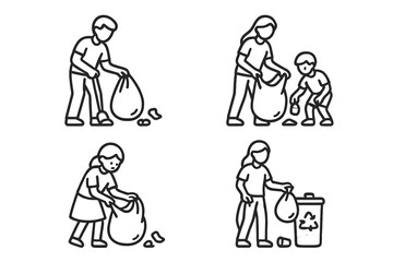 Individuals picking up trash and placing waste into a recycling container for environmental cleanup