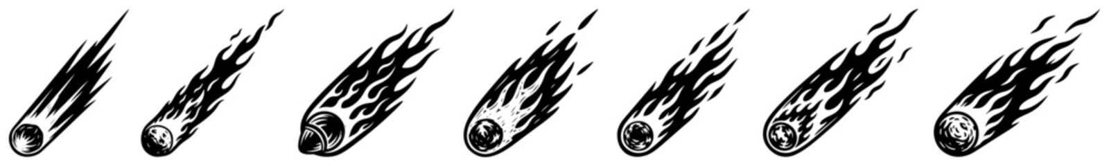 Set of falling meteor and comet icons with burning fire trails representing speed and impact vector silhouette illustration © Katarzyna