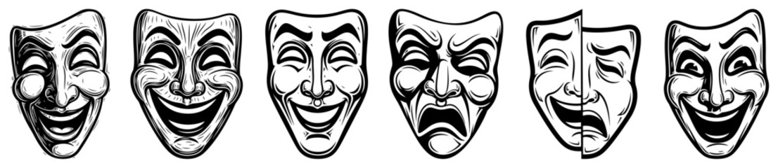 Theatrical Comedy and Tragedy Masks Set Line Art Vector – Dramatic Expression Icons