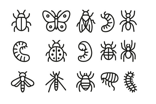 Minimalist outline symbols of various insects, bugs, and common arthropods