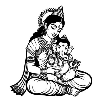Hindu goddess Parvati holding baby lord Ganesha vector illustration depicting indian mythology in detailed black and white line art style